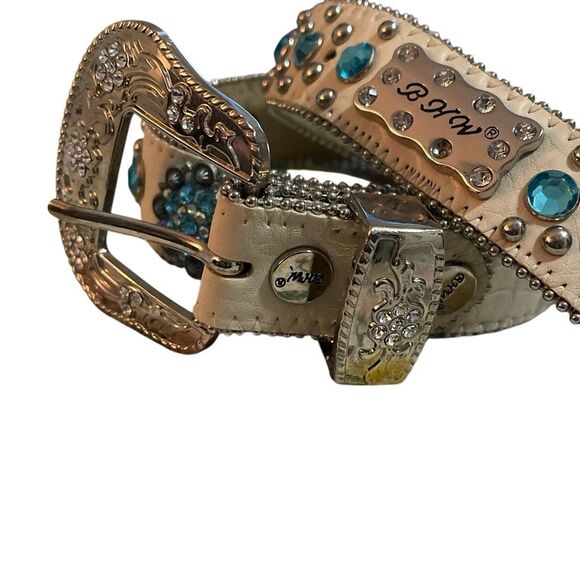 BHW Vintage Women’s White Leather Blue/Silver Rhinestone Studded Western/Cowgirl - Picture 3 of 12